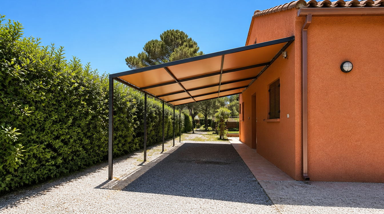 Carport adosse en acier avec toile tendue orange le long de la maison provencale