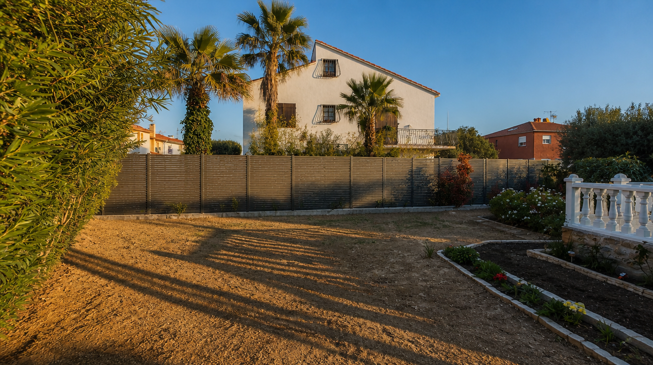 Ambiance de fin de journee, lumiere rasante sur la cloture aluminium du jardin