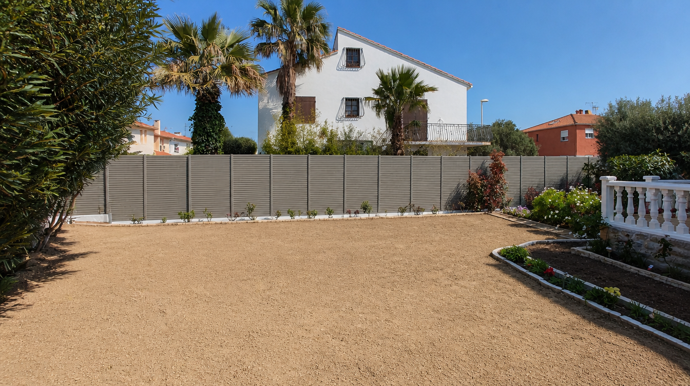 Vue large de la cloture aluminium a lames persiennes bordant le jardin