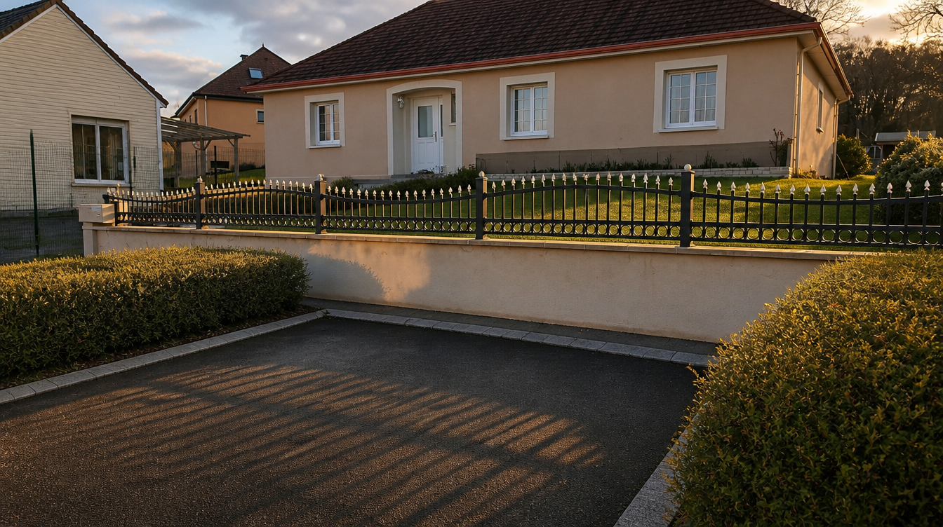 Ambiance de fin de journee, lumiere rasante sur la cloture aluminium bleue