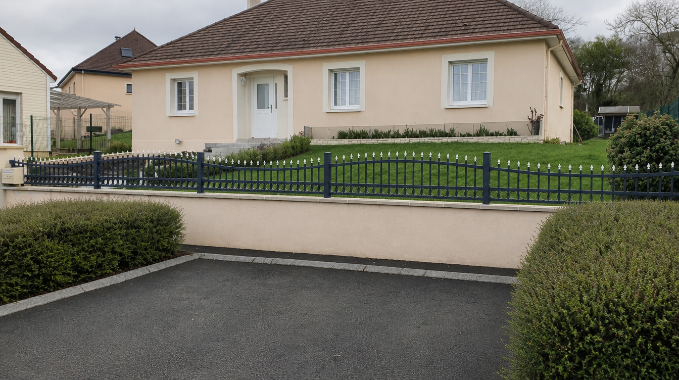Vue large de la cloture aluminium bleue ondulee devant la maison