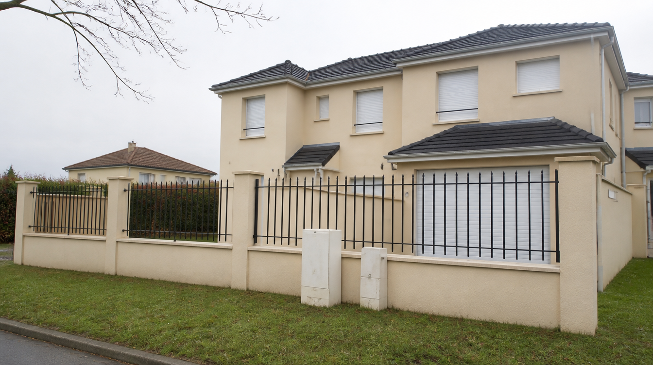 Vue large de la cloture acier galvanise noire devant la maison beige