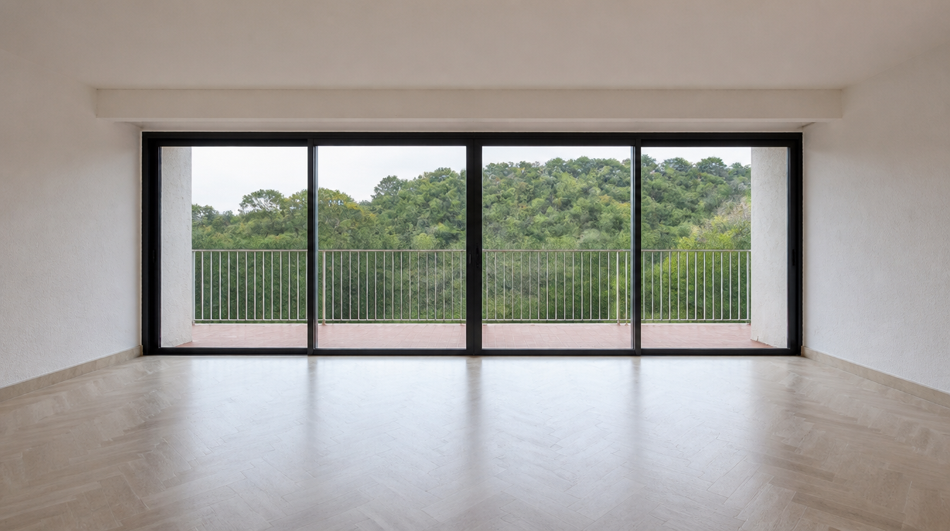 Vue large du coulissant aluminium quatre vantaux ouvrant sur le balcon