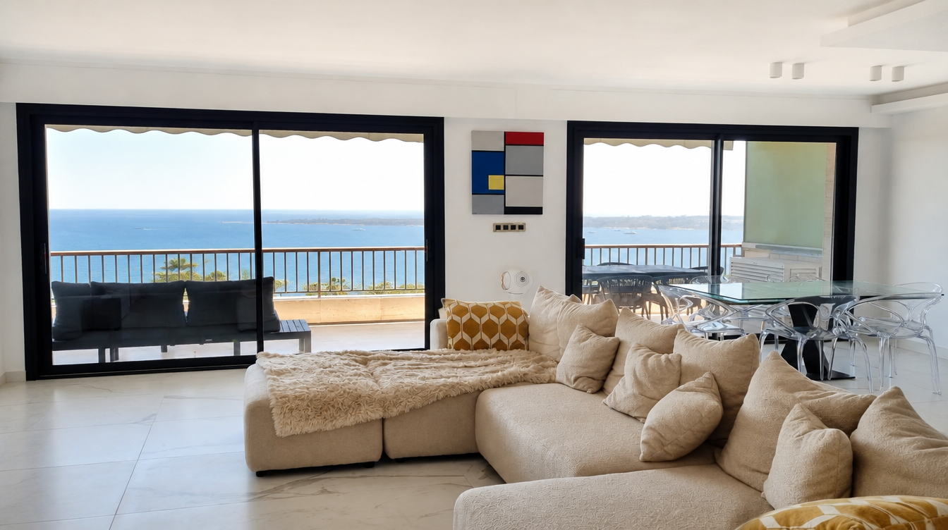 Vue large du sejour et des deux coulissants aluminium ouvrant sur la mer