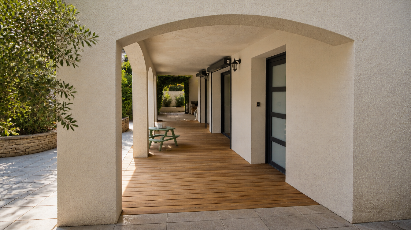 Vue large de la loggia avec baie coulissante aluminium anthracite et terrasse en bois