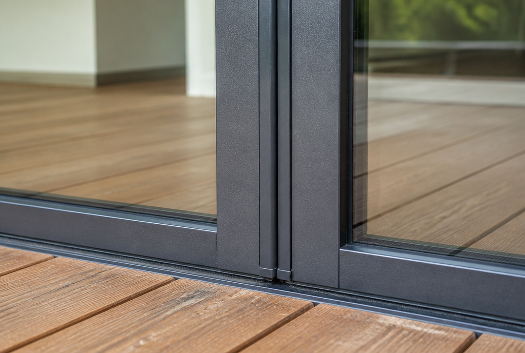 Detail macro du montant central en aluminium anthracite et du joint de vitrage
