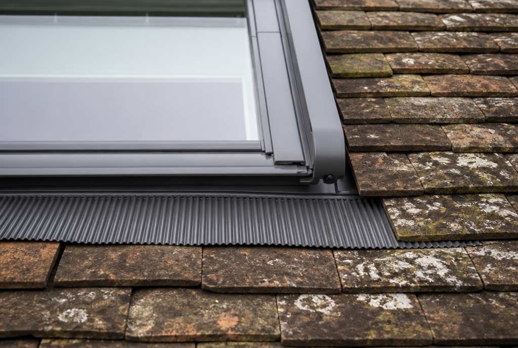 Detail de l'habillage aluminium gris et du raccord sur les tuiles