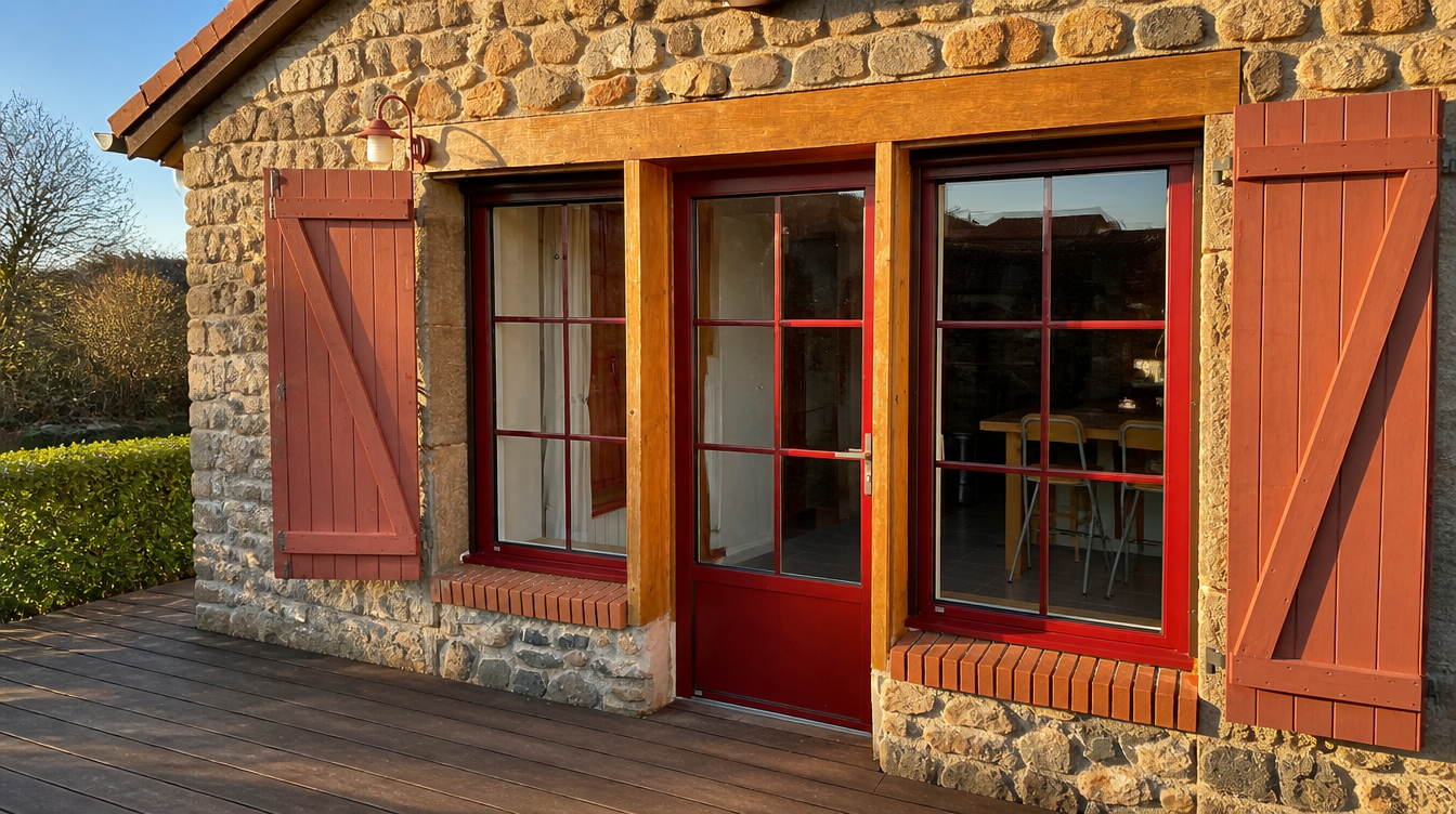 Facade en pierre et menuiseries rouges sous la lumiere de fin de journee