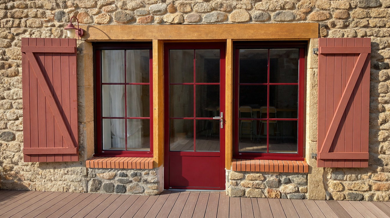 Vue large de l'ensemble aluminium rouge sur la facade en pierre