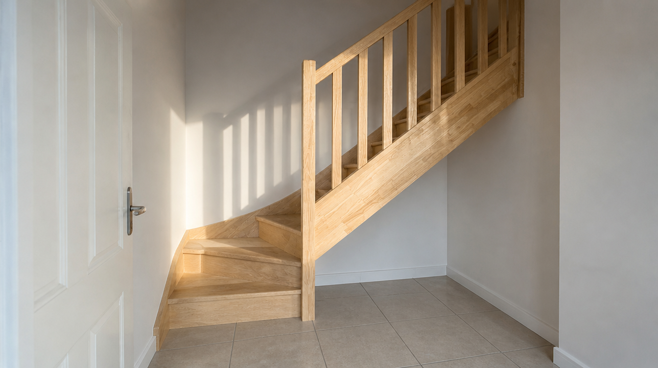 Ambiance de fin de journee, lumiere rasante sur l'escalier en bois clair