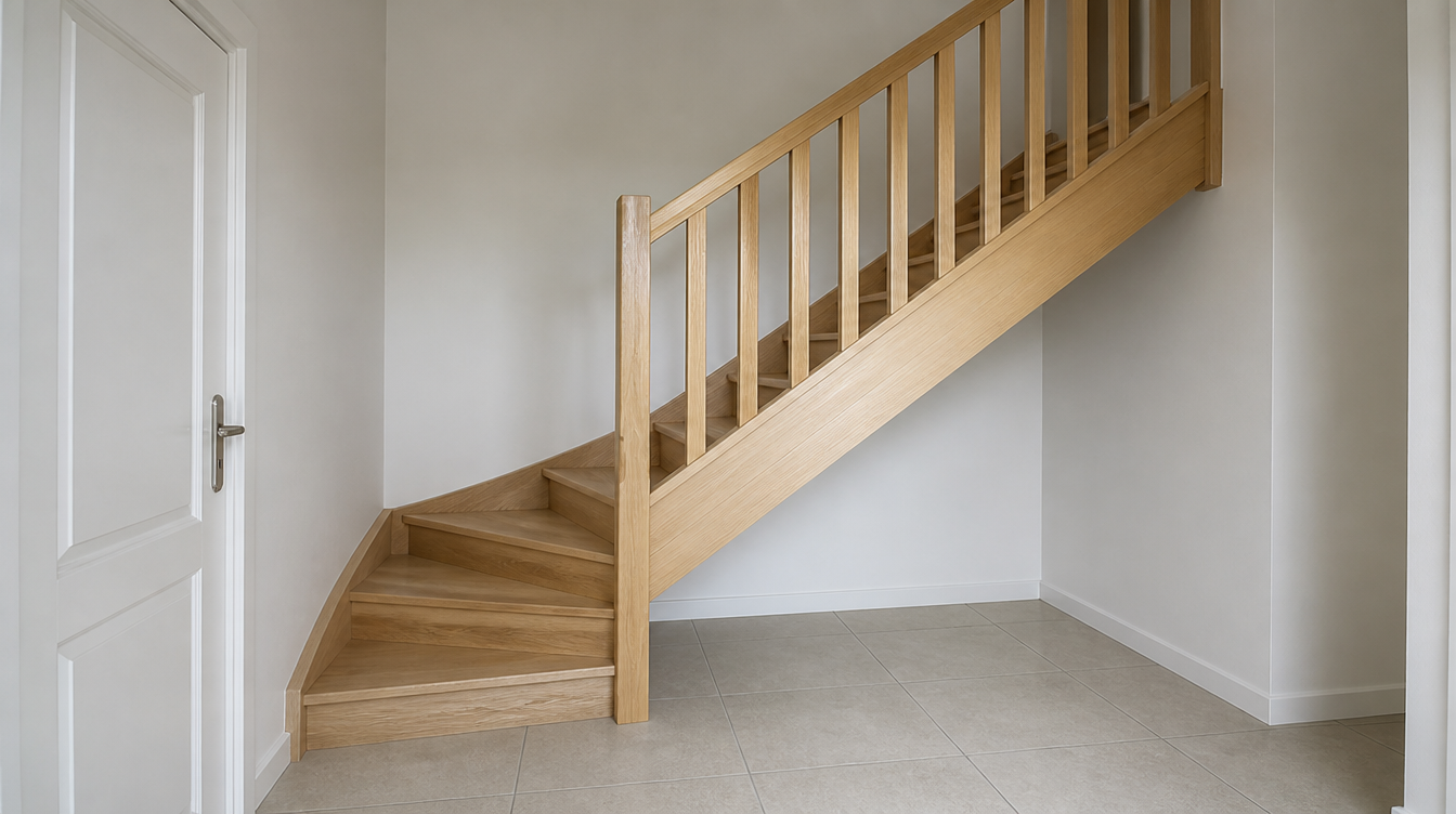 Vue large de l'escalier bois sur mesure dans la cage d'escalier