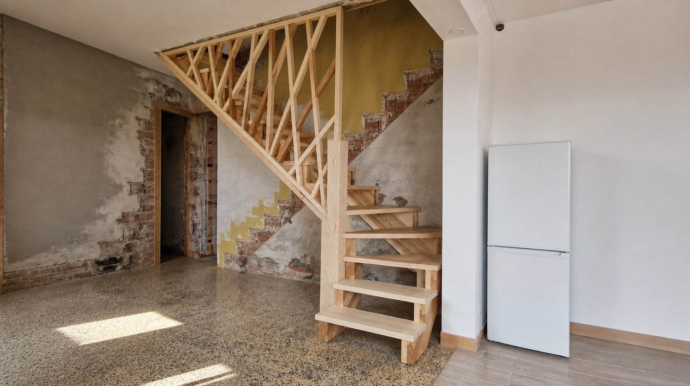 Escalier en frene massif vu en plan large dans la piece en renovation
