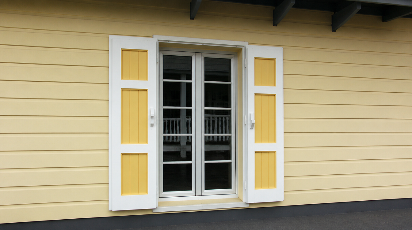Plan large de la facade en bardage jaune avec la fenetre PVC blanche