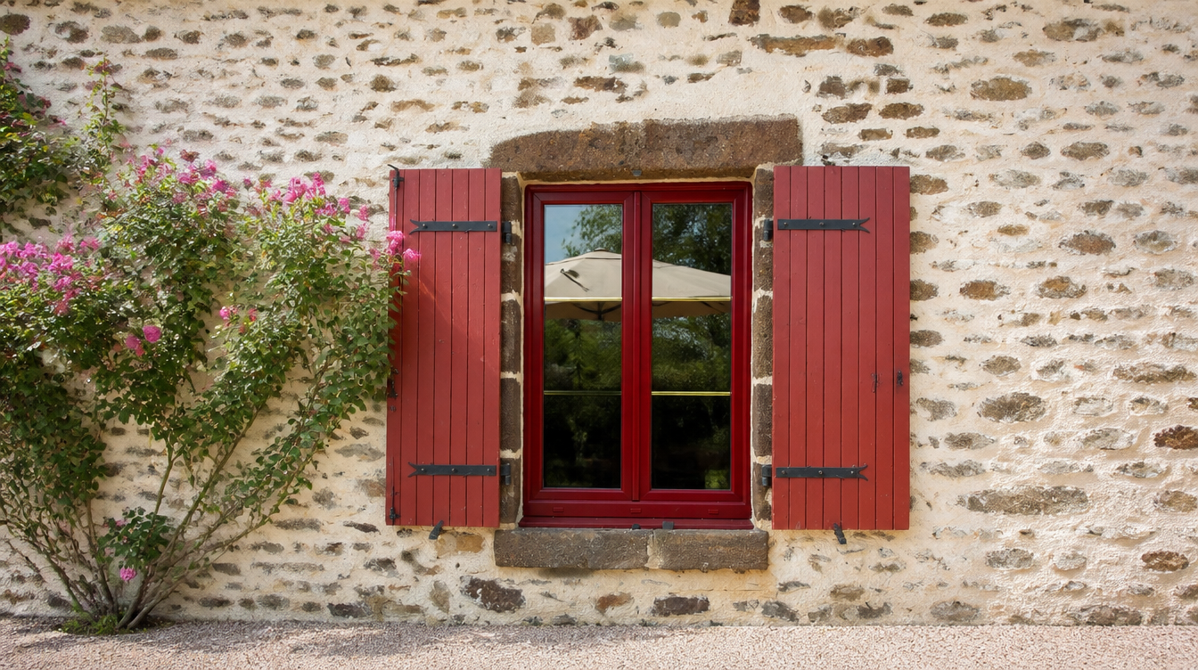 Plan large du mur en pierre avec la fenetre PVC rouge et ses volets