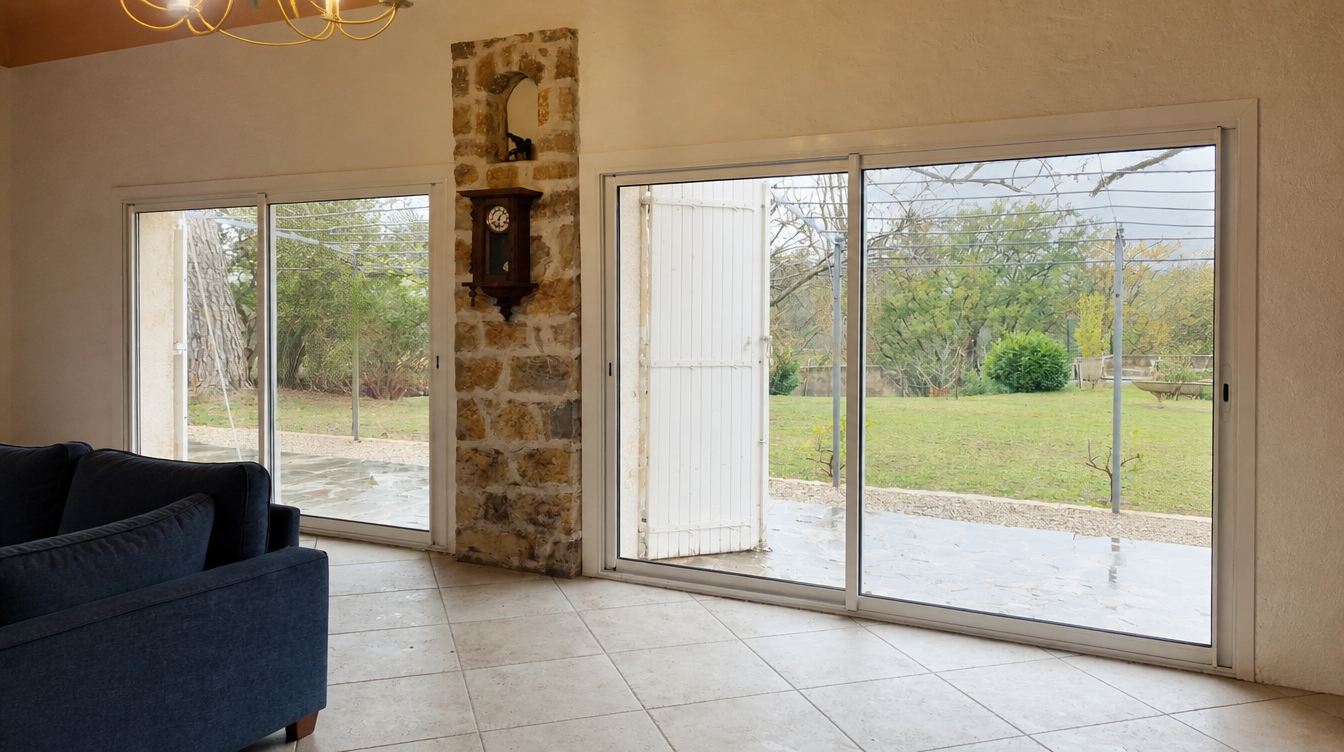Plan large du sejour avec la grande baie coulissante aluminium sur le jardin