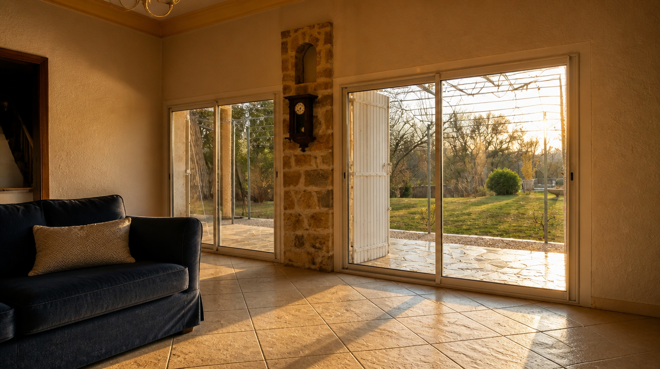 Ambiance de fin de journee, rectangles de lumiere chaude sur le carrelage du sejour