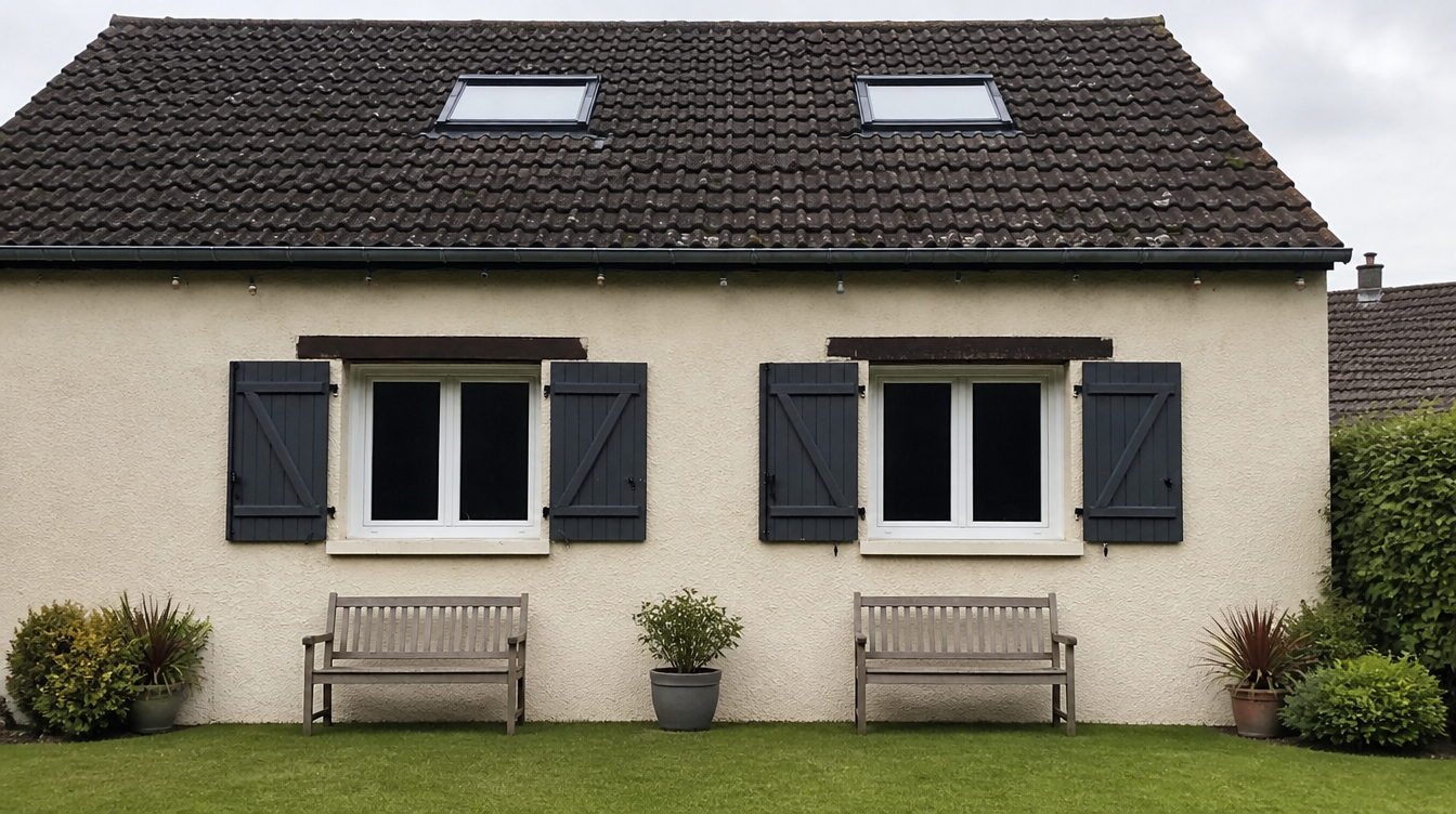 Plan large de la facade cremeuse avec les deux fenetres PVC blanches