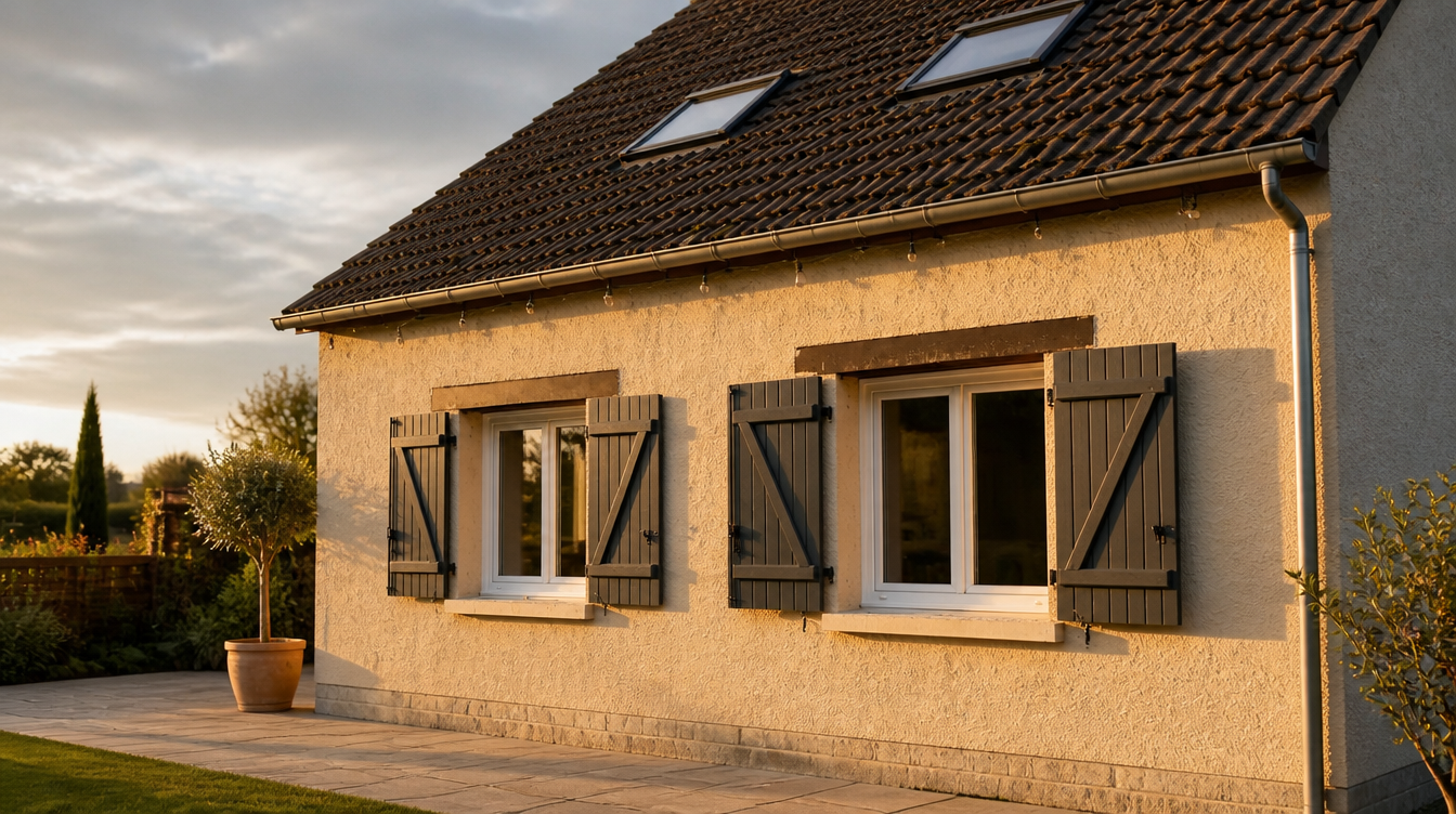 Ambiance de fin de journee sur la facade renovee et ses volets gris