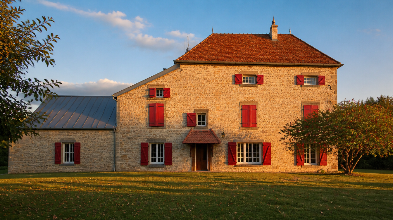 Ambiance doree de fin de journee sur la maison en pierre vue depuis la gauche