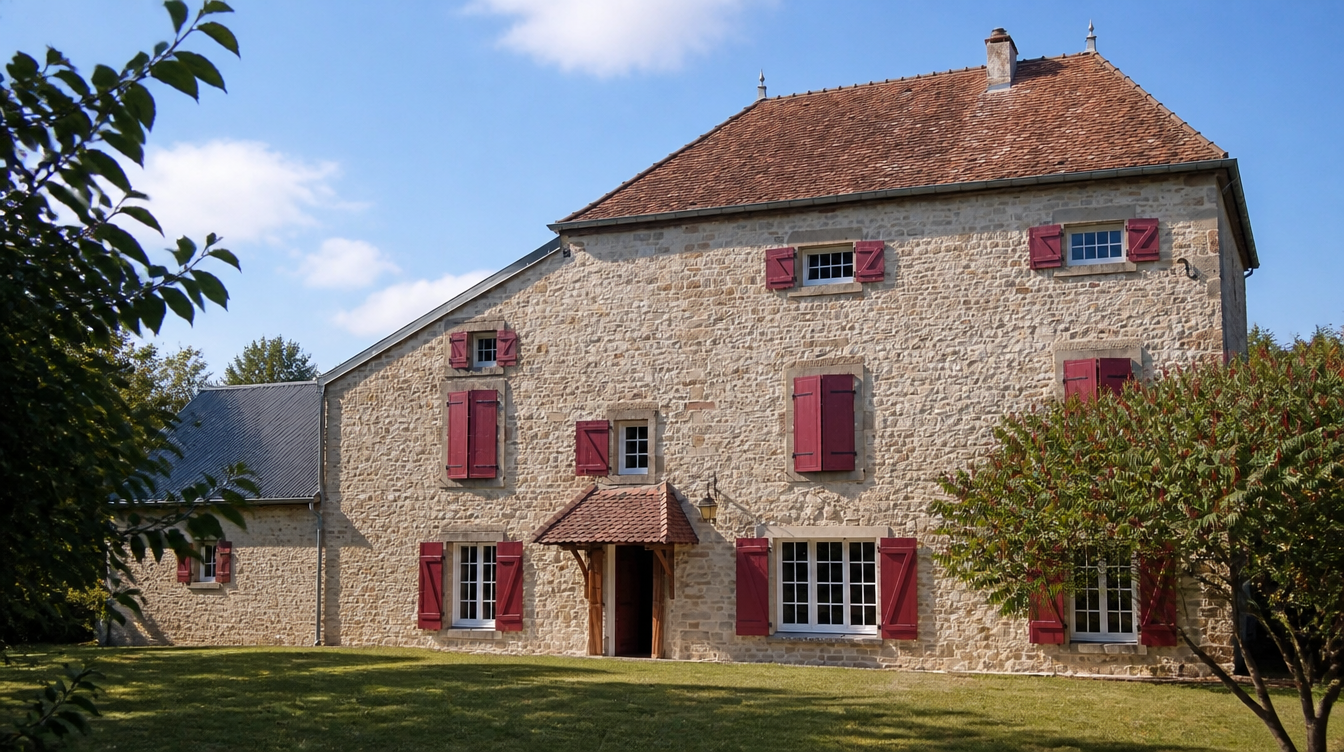 Plan large de la maison en pierre avec ses volets bois rouges