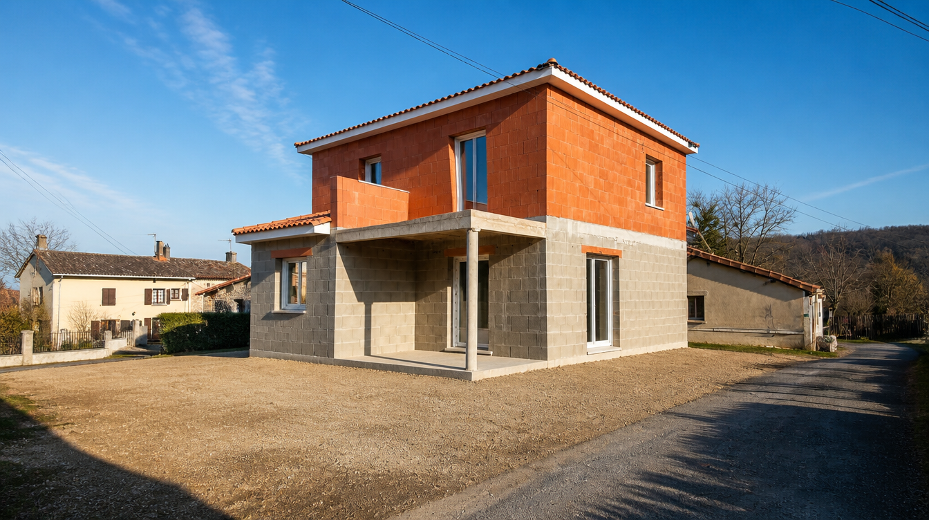 Vue large en fin de journee, lumiere rasante sur la maison neuve