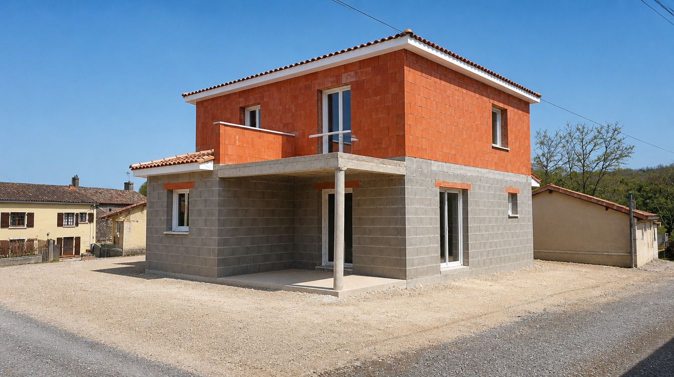 Maison neuve en construction avec fenetres PVC blanches posees sur les deux niveaux