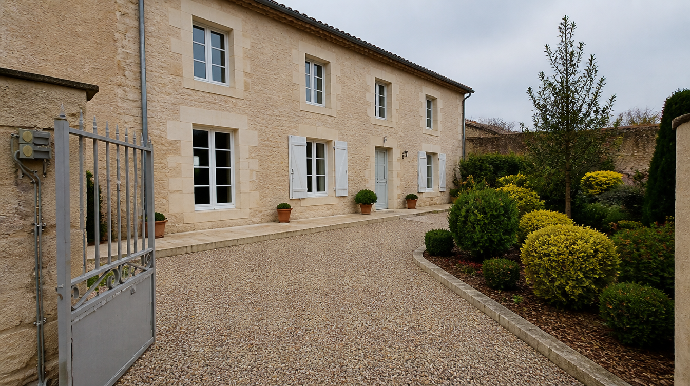 Maison de pierre et fenetres PVC blanches vues depuis la cour en gravier