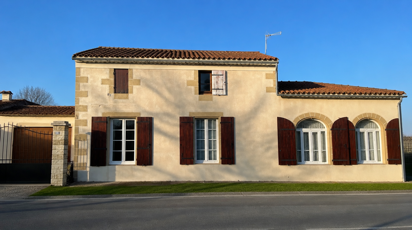Maison girondine vue en trois-quarts depuis la route avec ses fenetres PVC