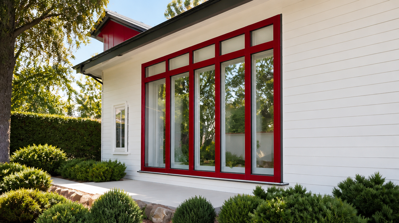 Baie vitree a cadre aluminium rouge sur une facade en bardage blanc