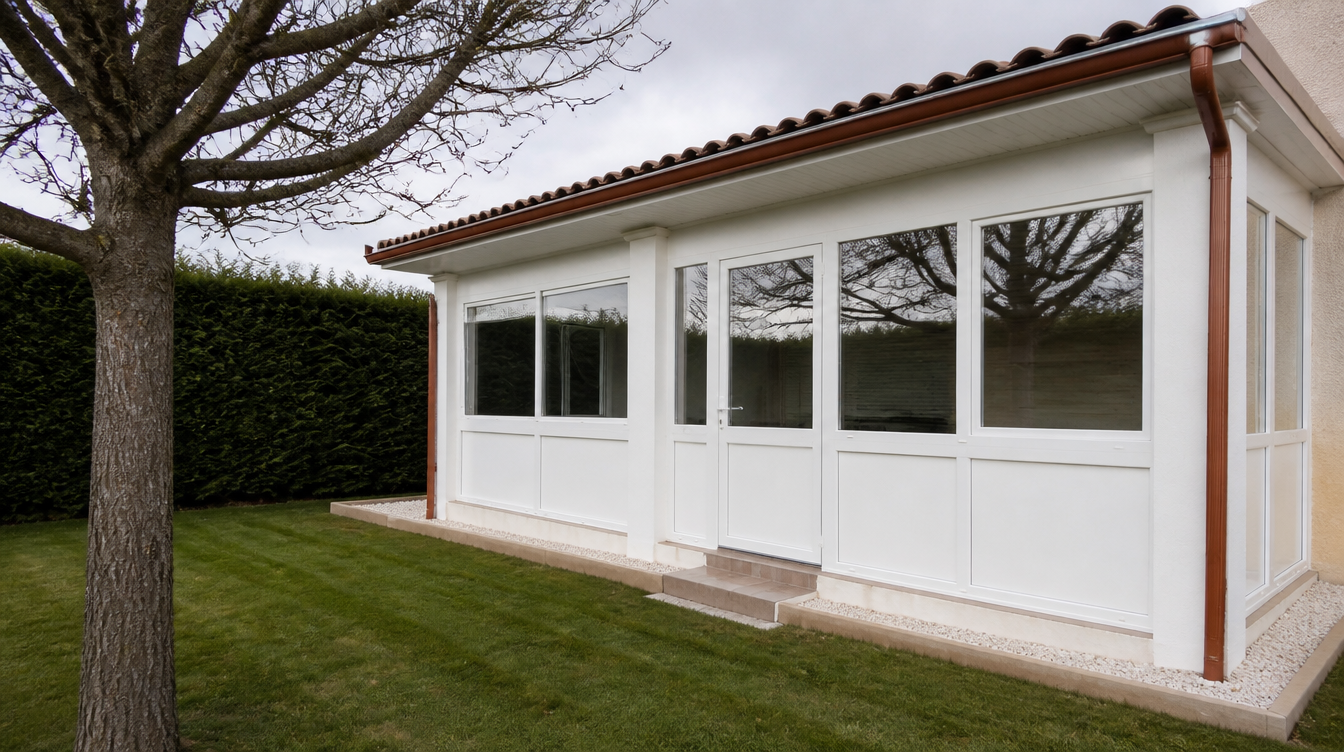 Fermeture de terrasse vue depuis le jardin avec ses soubassements pleins