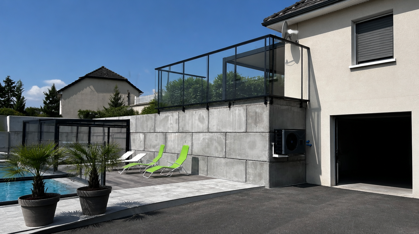 Garde-corps vitre sur terrasse surelevee vu depuis la plage de piscine
