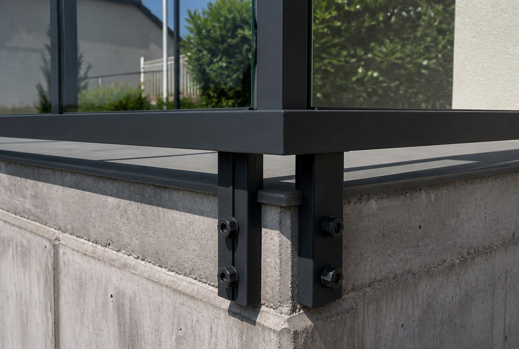 Detail macro d'un montant aluminium anthracite et de sa fixation
