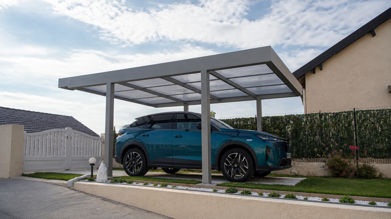Vue large trois-quarts du carport aluminium gris abritant un véhicule devant la maison