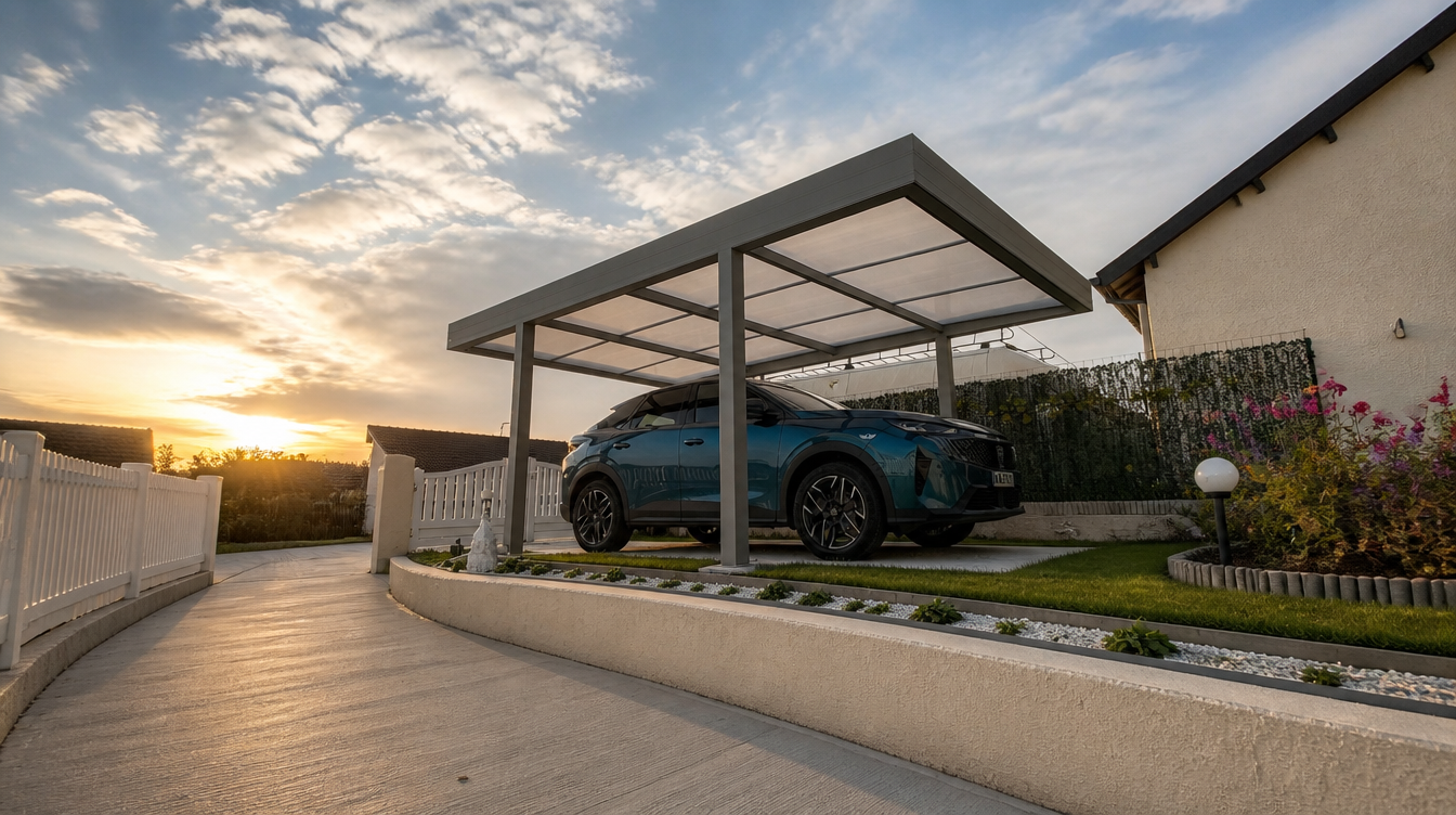 Ambiance de fin de journée, carport et maison sous une lumière rasante dorée