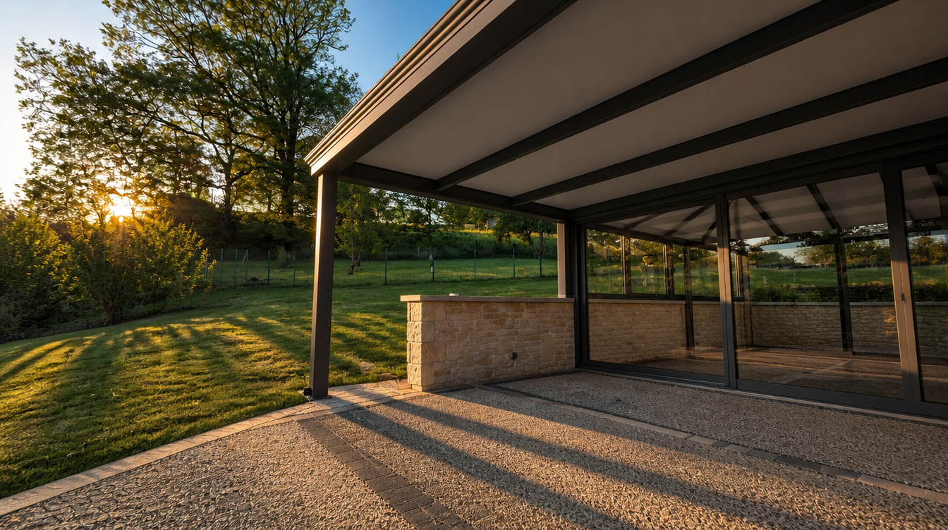 Ambiance de fin de journée sur la terrasse, pergola et véranda éclairées
