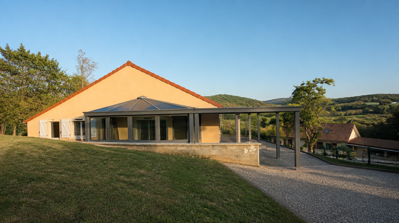 Vue large de la véranda et de la pergola aluminium formant une extension d'un seul tenant