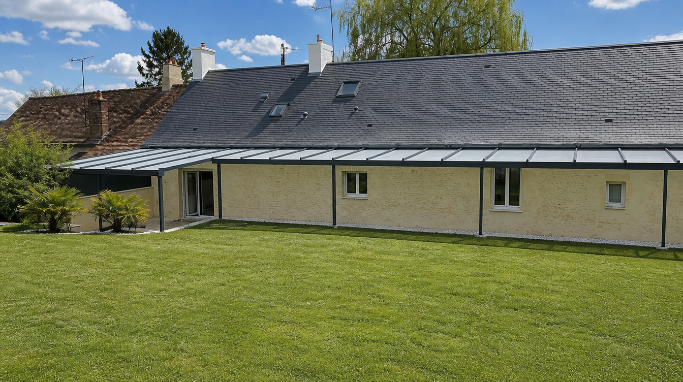 Longère en pierre avec sa pergola adossée sur toute la longueur, vue large du jardin