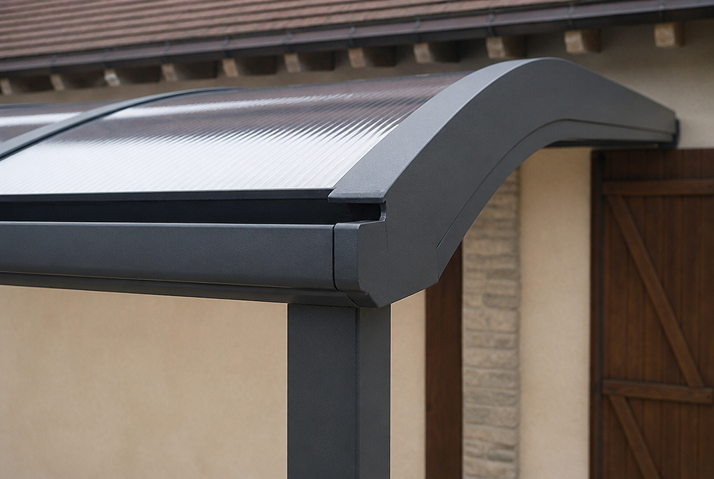 Détail de l'about arrondi de la poutre aluminium et du panneau polycarbonate