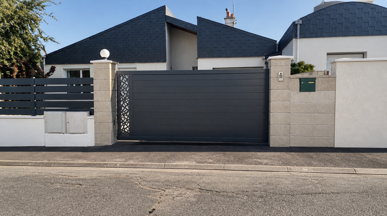 Portail coulissant aluminium anthracite fermé entre deux piliers en pierre, vue de rue