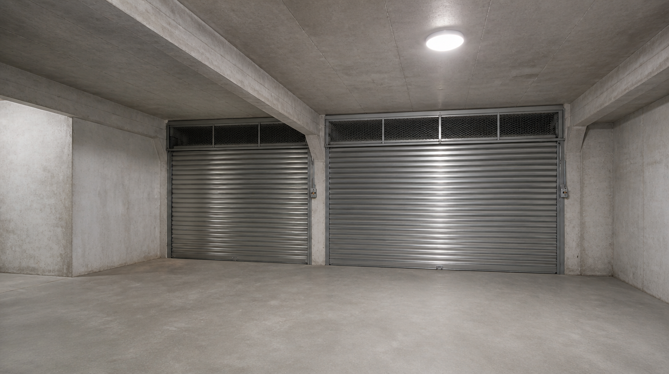 Vue large des deux rideaux metalliques fermes dans un garage en sous-sol