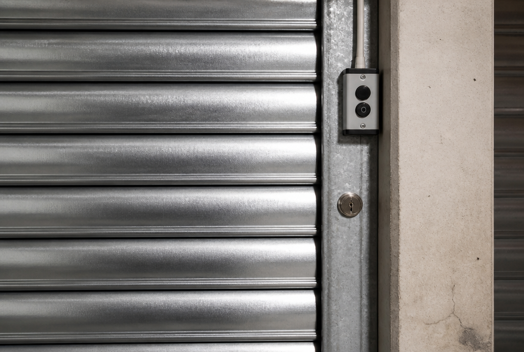Detail des lames pleines galvanisees, coulisse laterale et boitier de commande