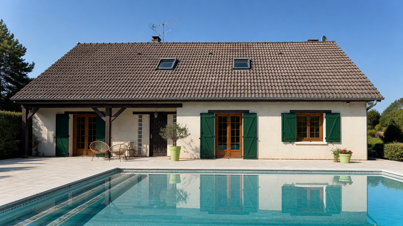 Vue large de la maison et de ses volets battants verts au bord de la piscine