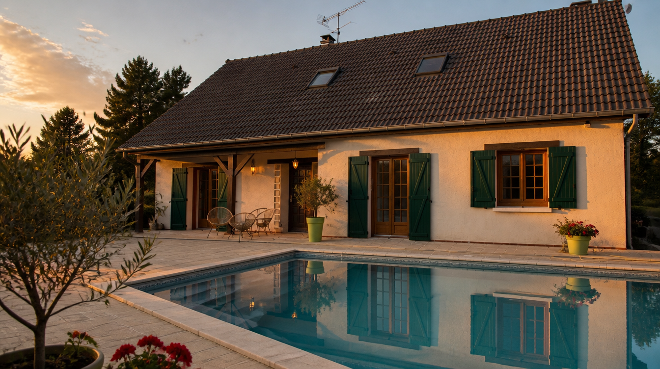 Ambiance de fin de journee, facade et volets verts refletes dans la piscine