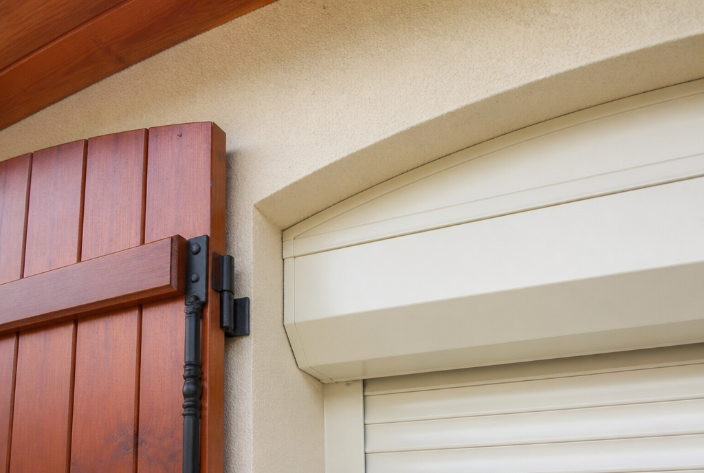 Detail de l'habillage aluminium cintre sur mesure et de la coulisse du volet