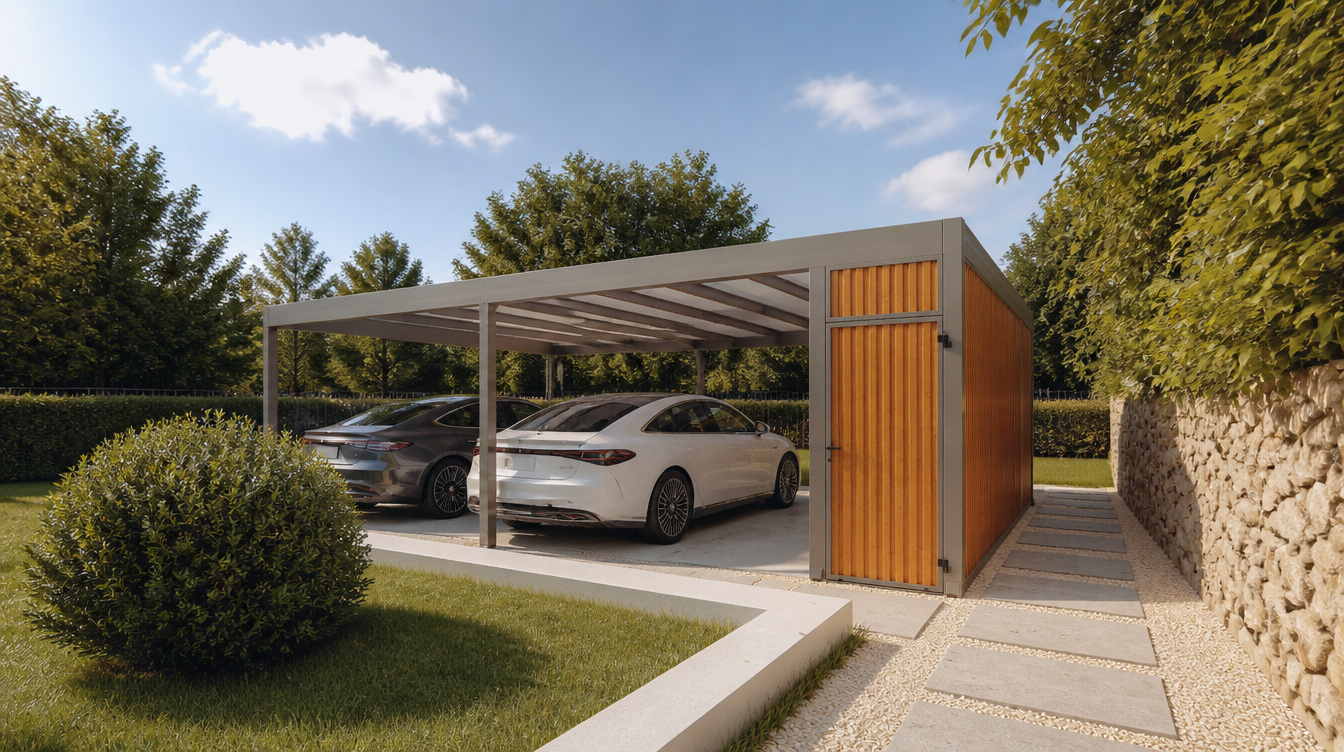 Vue large du carport double aluminium gris taupe avec rangement dans le jardin