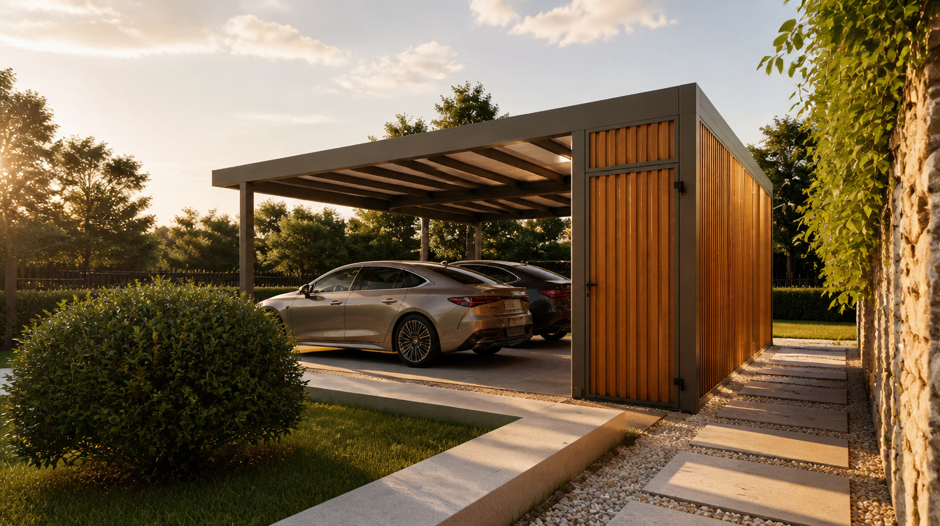 Ambiance de fin de journee sur le carport aluminium et son rangement en bois