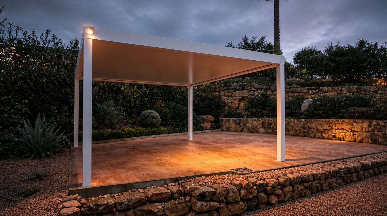 Ambiance nocturne du carport avec eclairage integre allume sur la dalle ocre