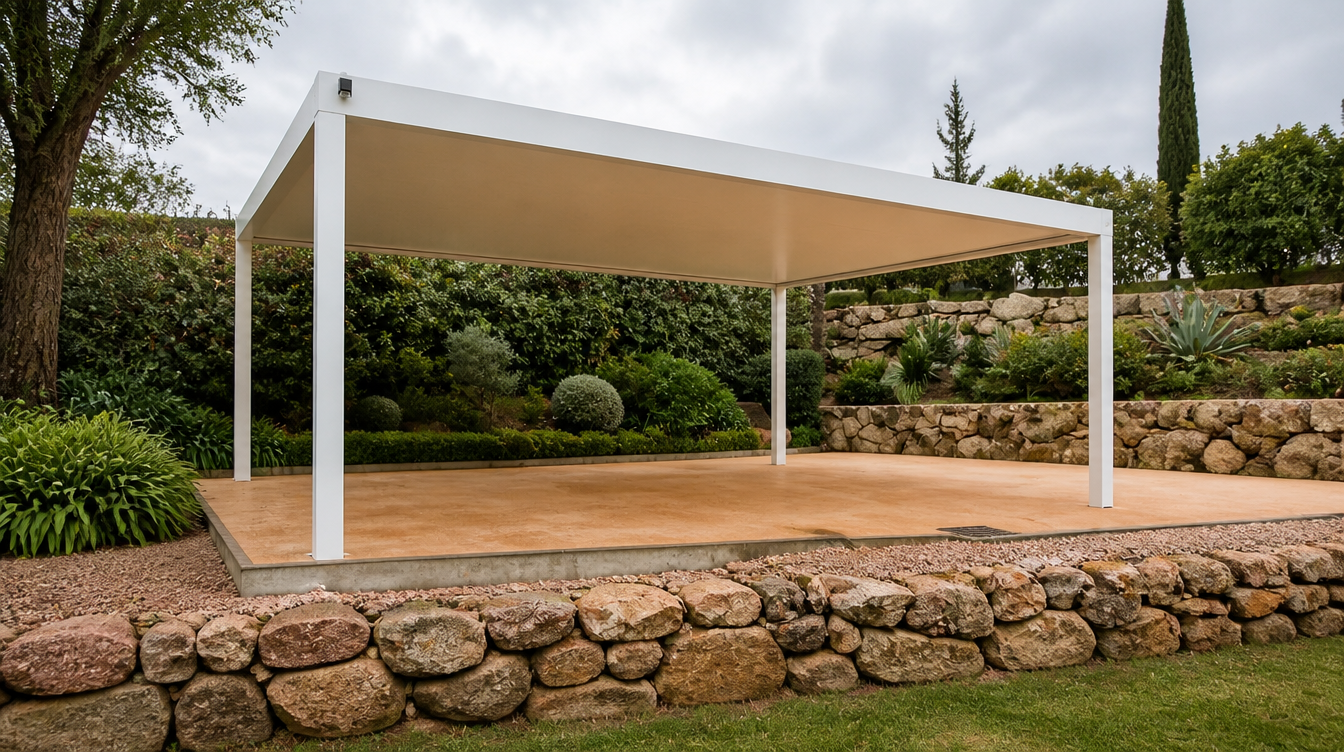 Vue large du carport aluminium blanc pose sur une dalle ocre dans un jardin