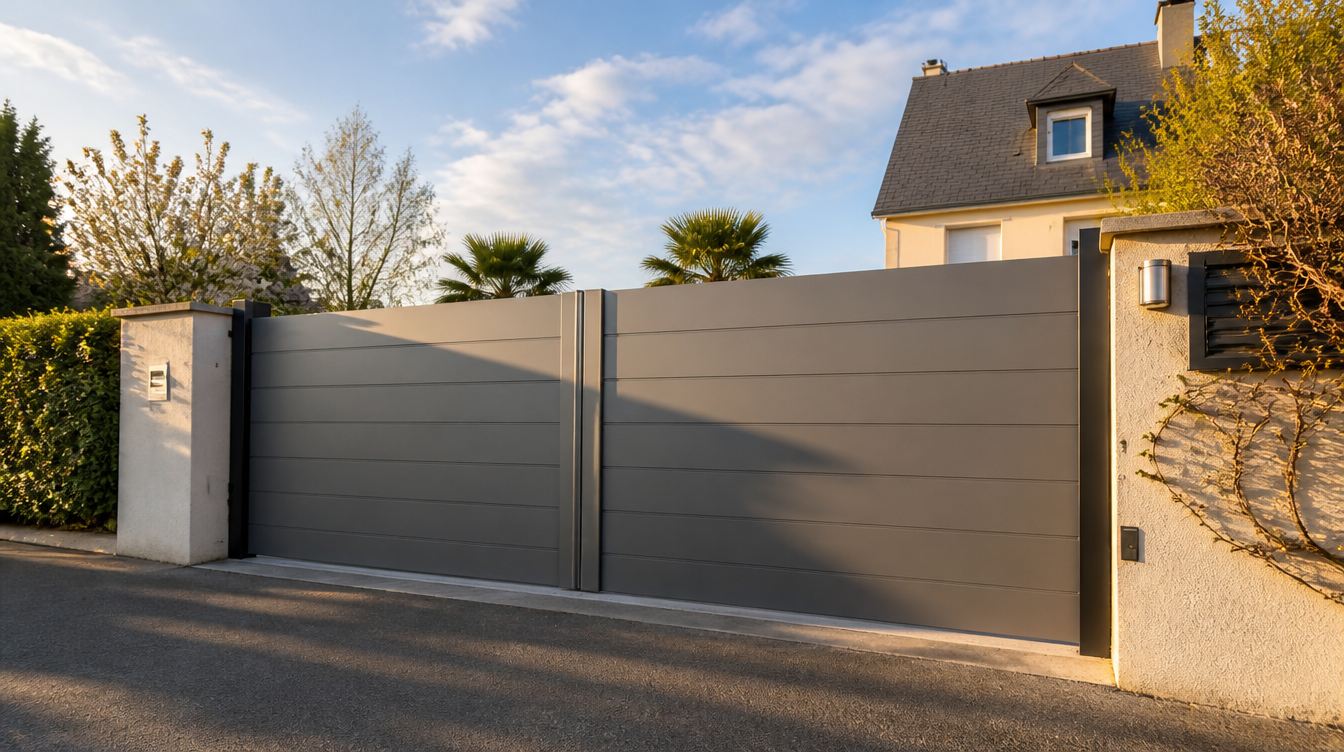 Portail aluminium gris en trois-quarts, lumiere rasante de fin de journee