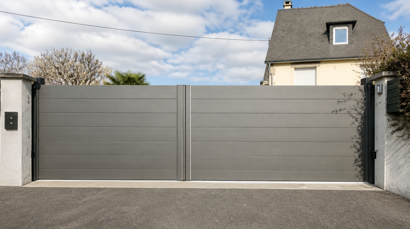 Vue large du portail battant aluminium gris devant la maison, depuis la rue